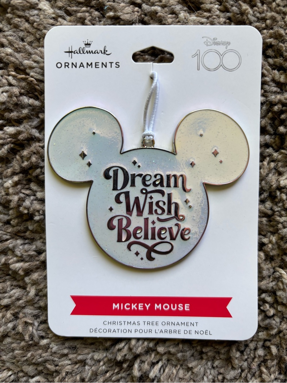 Disney White Iridescent Mickey Mouse 'Dream Wish Believe' Ornament